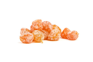 Sugar coated kumquats dried fruits isolated on white background