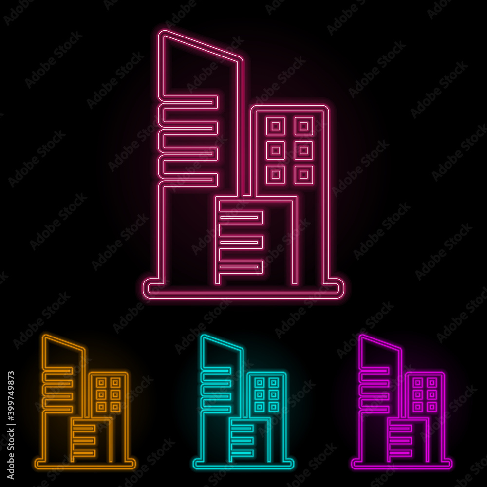 Poster high-rise buildings color neon set. simple thin line, outline vector of web icons for ui and ux, web