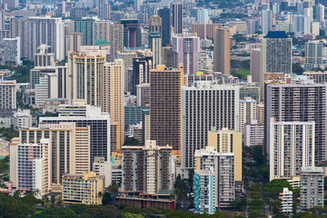 Fototapeta na wymiar Tall hotel buildings for Waikiki tourists, Oahu, Hawaii