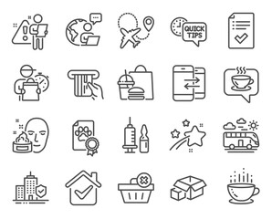 Business icons set. Included icon as Face cream, Medical vaccination, Dog certificate signs. Bus travel, Delete order, Apartment insurance symbols. Airplane, Coffee cup, Approved checklist. Vector