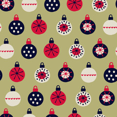 Seamless pattern. Hand drawn baubles decorated with patterns in trendy Scandinavian style on beige background. Christmas, New Year, winter holidays concept. For wrapping paper, other design projects