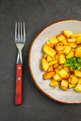 top view tasty fried potatoes inside plate with greens on dark background food oil french fries photo color dinner