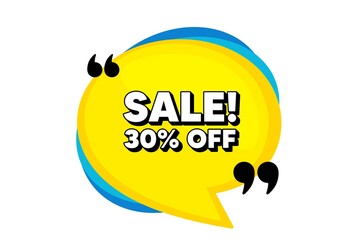 Sale 30 percent off discount. Yellow speech bubble banner with quotes. Promotion price offer sign. Retail badge symbol. Thought speech balloon shape. Sale quotes speech bubble. Vector