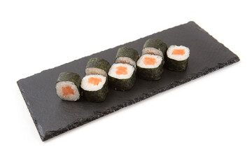 Japanese seafood sushi, roll on shale food board on white background