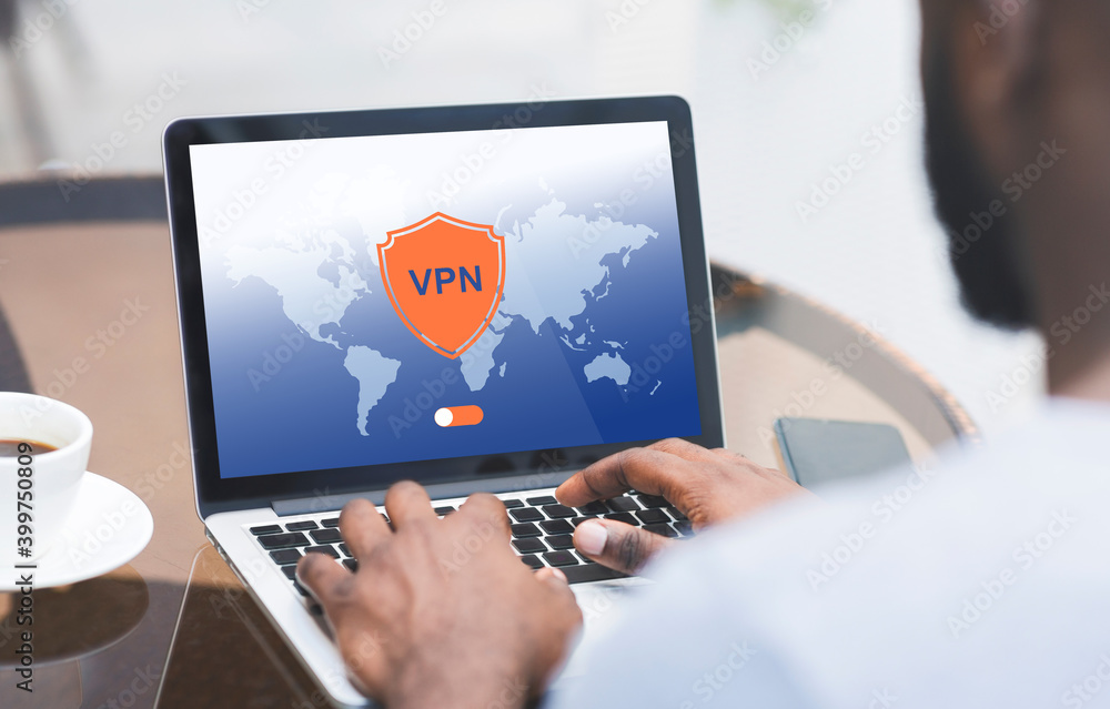 Poster black man using laptop computer with vpn virtual private network connection, collage
