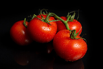 крупные красные помидоры на ветке на черном фоне