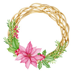 Watercolor Christmas wreath winter illustration .isolated on white background.