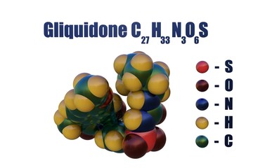 Structural chemical formula and space-filling molecular model of gliquidone, an anti-diabetic drug in the sulfonylurea class. Scientific background. 3d illustration