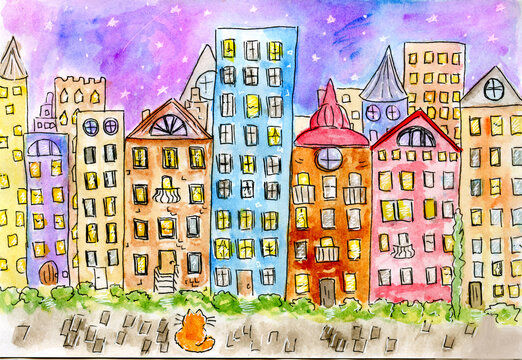 Watercolor print night city, fairytale city, magic houses, cat and stars