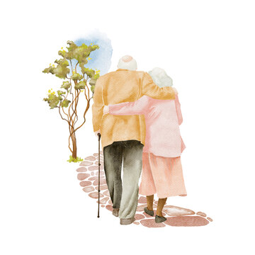 Watercolor illustration of senior couple. Grandparents day.
Valentines day and old people