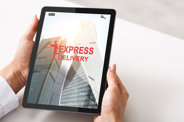 Express Delivery App Interface Opened On Digital Tablet In Female Hands, Collage