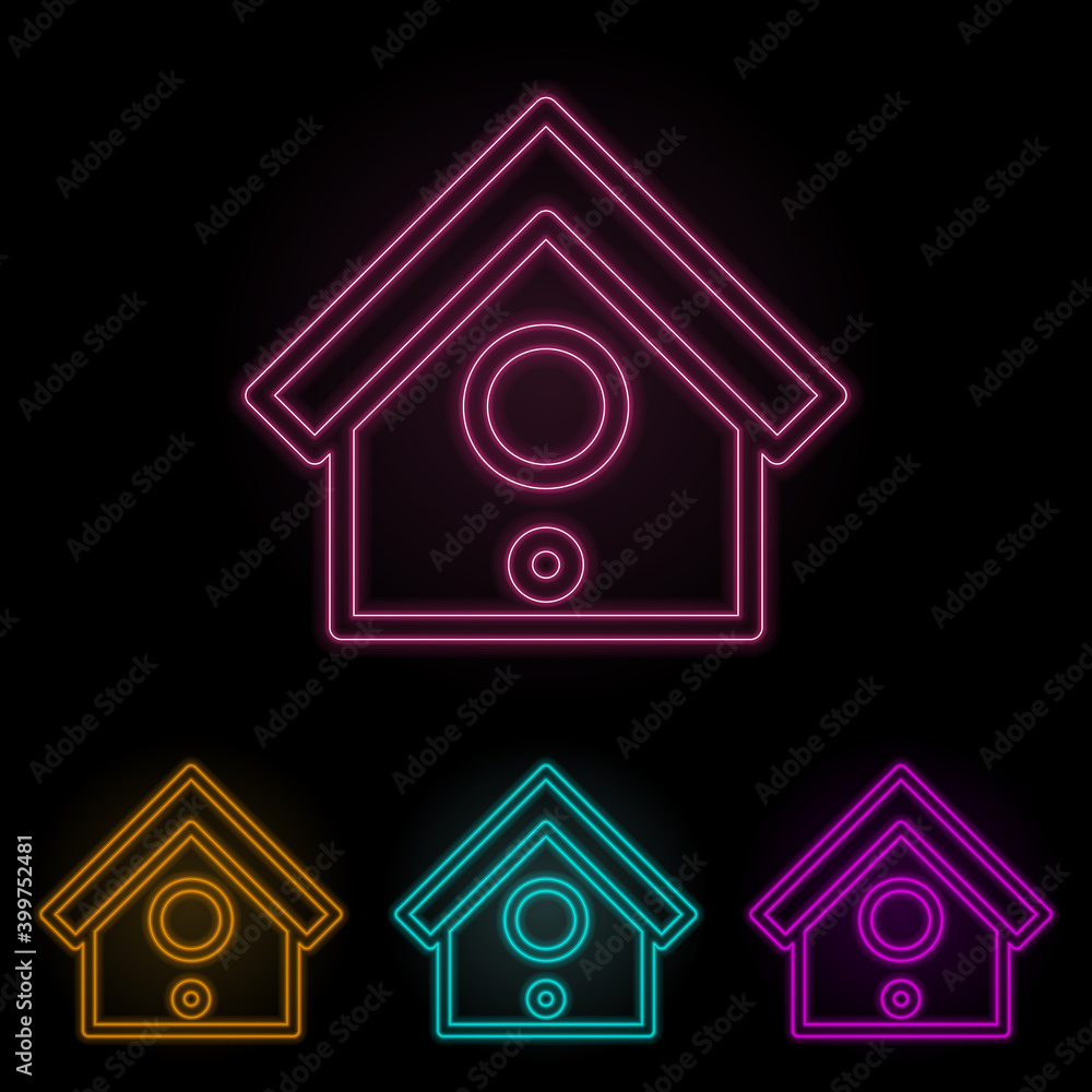 Poster birdhouse color neon set. simple thin line, outline vector of web icons for ui and ux, website or mo