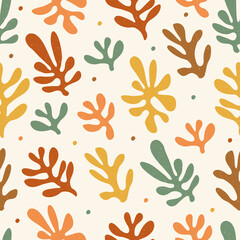 Vector contemporary seamless pattern with aesthetic hand drawn abstract leaves and fluid shape forms. Creative Matisse inspired floral pattern. Childish scandinavian background, wallpaper, apparel