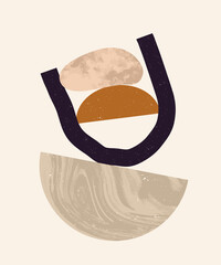 Vector contemporary composition with aesthetic stone balance and geometric shapes. Creative Mid Century minimalist bohemian contemporary design, print, poster, illustration, background