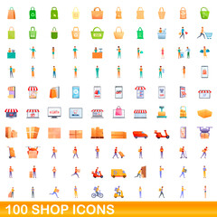 100 shop icons set. Cartoon illustration of 100 shop icons vector set isolated on white background