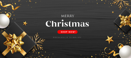Merry Christmas sale shop now, black gift box golden ribbon, snowflake, white ball, concept design on black wood background, EPS 10 vector illustration