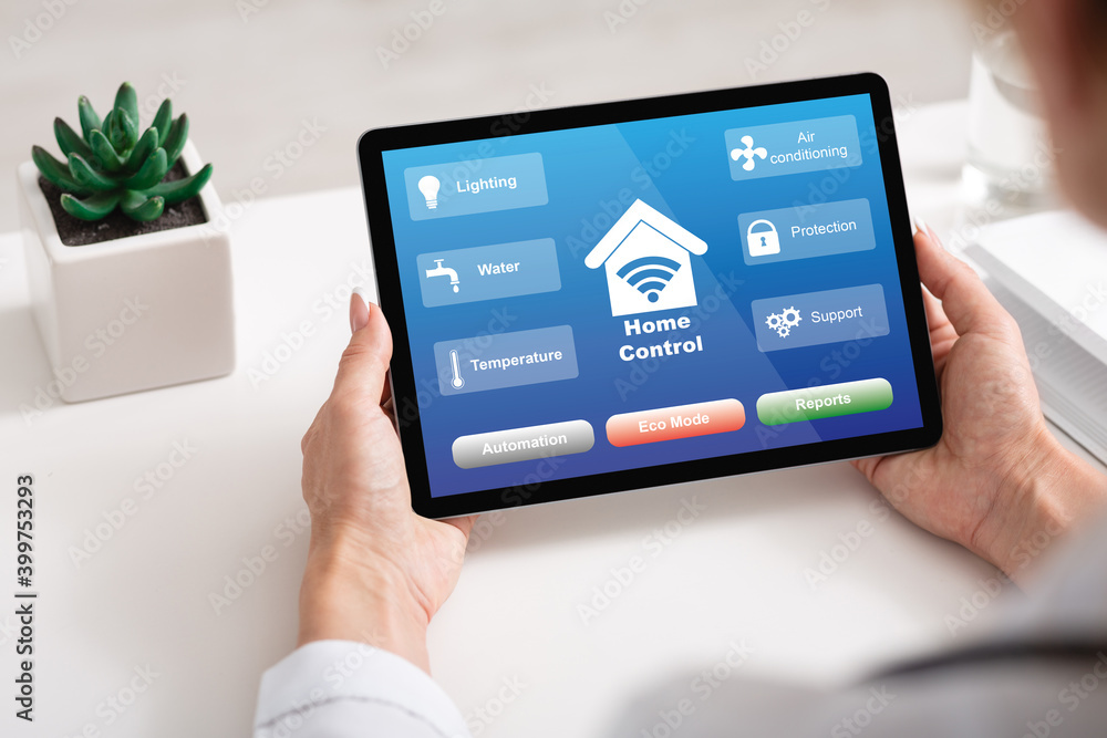 Aufkleber Smart House Control. Unrecognizable Woman Using Digital Tablet With Home Automation System