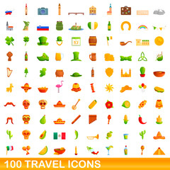 100 travel icons set. Cartoon illustration of 100 travel icons vector set isolated on white background