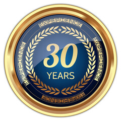 30 Years Experience. Vector Golden Badge.