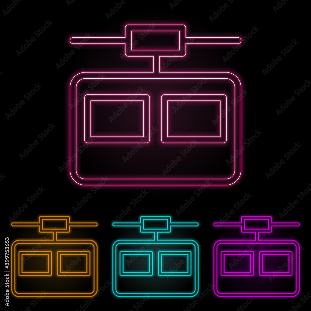 Poster cable car cabin color neon set. simple thin line, outline vector of web icons for ui and ux, website