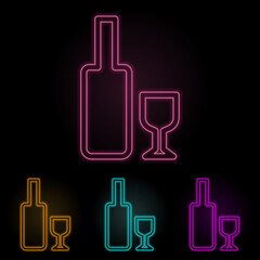 a bottle of wine with a glass color neon set. Simple thin line, outline vector of web icons for ui and ux, website or mobile application