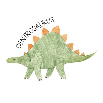 Watercolor illustration of dinosaur centrosaurus isolated on white background. Hand drawn. Dino's party. For children.