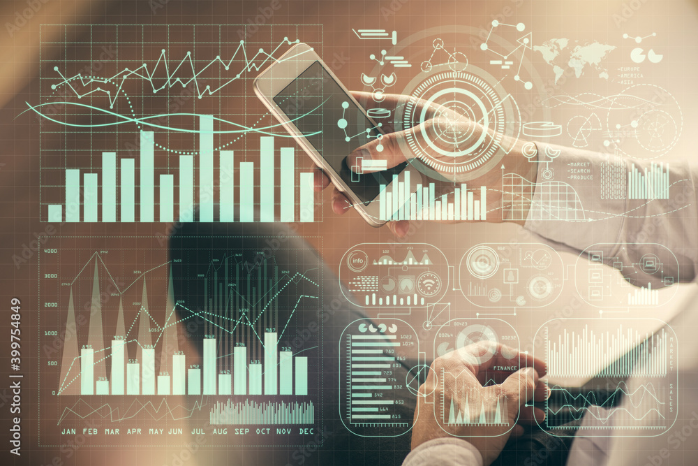 Poster double exposure of man's hands holding and using a digital device and forex graph drawing. financial