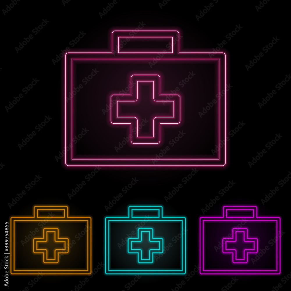 Poster first-aid kit color neon set. simple thin line, outline vector of web icons for ui and ux, website o