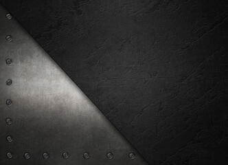 Old steel metal plates with rivets on a black background. Metal texture for design. 3d illustration