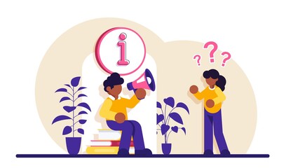 Online assistant, user help, frequently asked questions. Website FAQ section. Call center worker cartoon character. Problem solution, quiz game. Modern flat illustration.