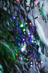 Christmas tree in the snow with colorful garland and Christmas decorations