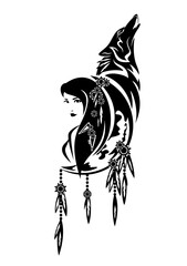 beautiful shaman woman, crescent moon, feathered decor and howling wolf - tribal spirit animal concept black and white vector design