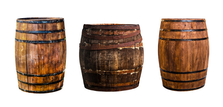 three oak barrels vertical narrow and wide for storing bourbon to give flavor on an isolated background