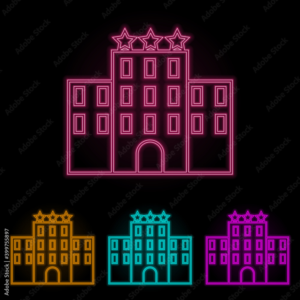Poster three star hotel color neon set. simple thin line, outline vector of web icons for ui and ux, websit