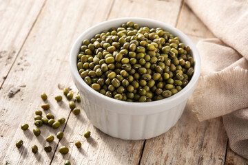 Green soy beans in white bowl on wooden table