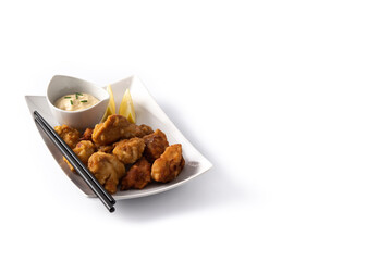 Spicy chicken karaage isolated on white background. Copy space