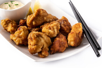 Spicy chicken karaage isolated on white background