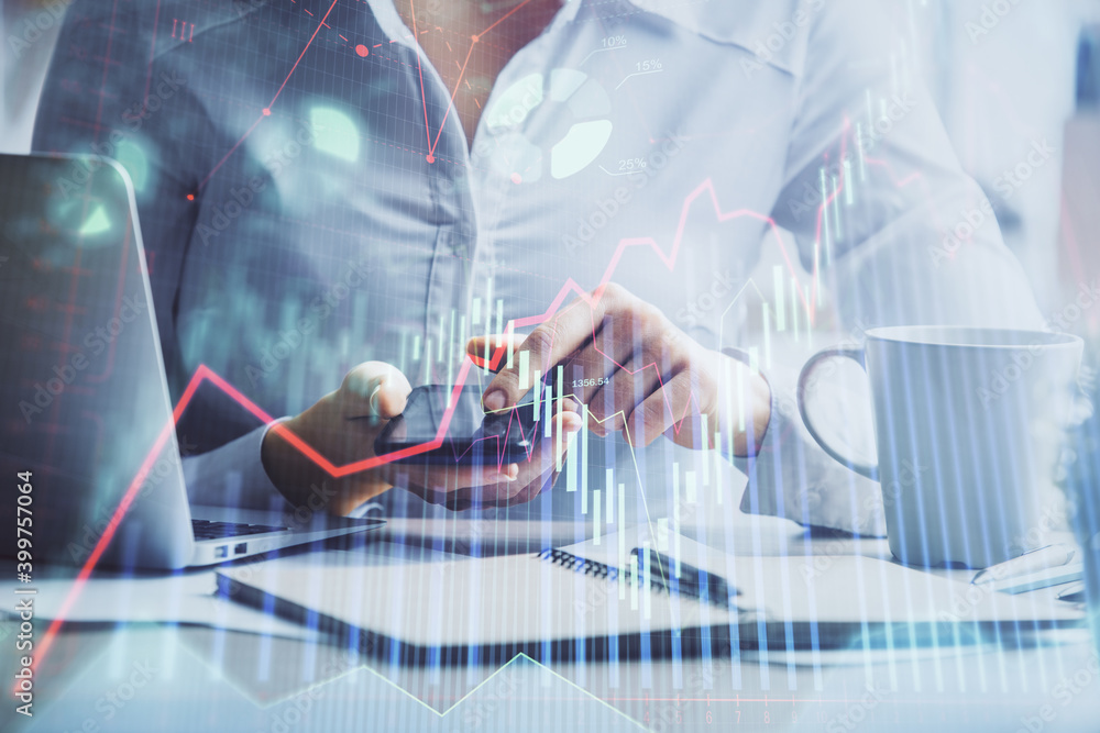 Poster double exposure of forex chart sketch hologram and woman holding and using a mobile device. financia