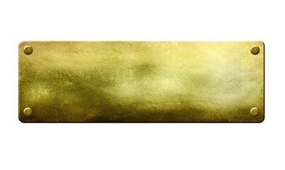Gold metal plate with rivets on white background.  Old texture with space for your text 3D illustration 