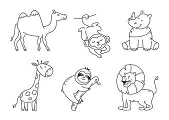 Set of doodle african animals. Collection of outline characters.