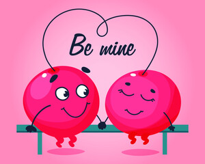 Two cherries in love on the bench. Illustration for valentine's day, for cards, banners and flyers