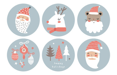 Fototapeta na wymiar Cute Winter Holidays Vector Tags with Funny White Reindeer, Santa Claus and Baubles, Christmas Trees Isolated on a Pastel Pink Background. Infantile Style Hand Drawn Christmas Decorations. 