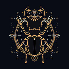 Sacred stag beetle with celestial design elements - insect illustrated with gold and white lines on black background