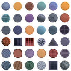 Manhole icons set. Cartoon set of manhole vector icons for web design