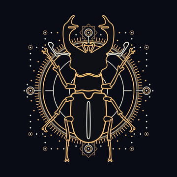 Sacred stag beetle with celestial design elements - insect illustrated with gold and white lines on black background