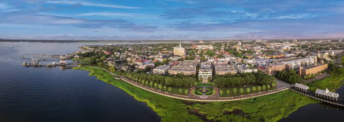 Fototapeta premium Charleston skyline with blue sky and clouds