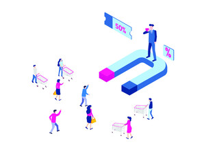 Inbound Marketing vector concept with man standing on magnet while promoting with megaphone to attract customer
