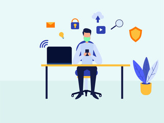 Man in face mask using a mobile phone and laptop computer with cloud computing and virtual private network internet security