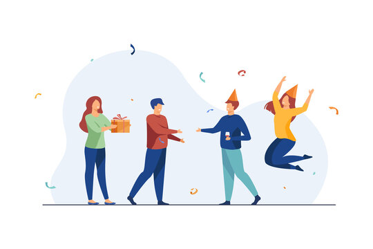 Birthday party at home. Group of friends in festive caps meeting and giving gift flat vector illustration. Celebration, holiday, fun concept for banner, website design or landing web page