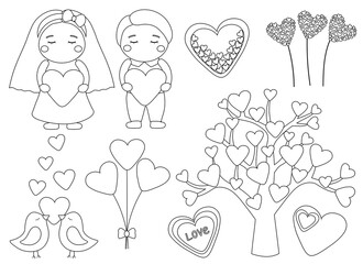 Valentine's day boy girl love birds hearts balloons tree black and white coloring vector illustration